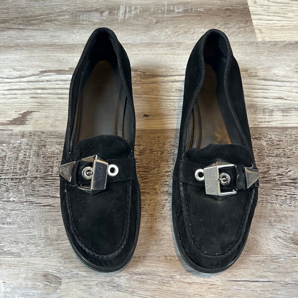 Stuart Weitzman Black Suede Buckle Loafers Quiet Luxury Office Fall Workwear 8